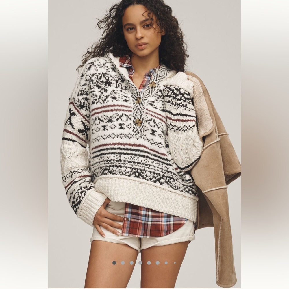 Anthropologie Cream Fair Isle Knit Sweater with Black and Burgundy Accents